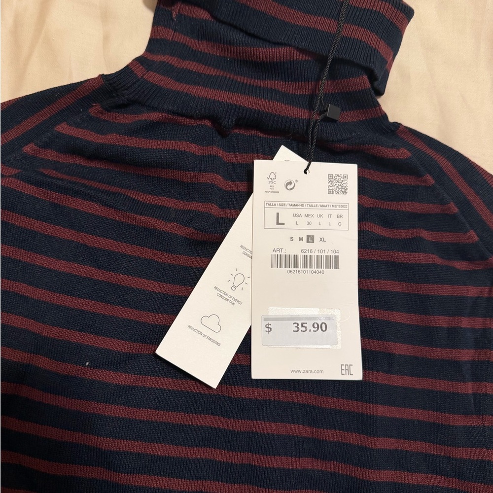 Zara Women Turtleneck Sweater - Navy and Red Stripes